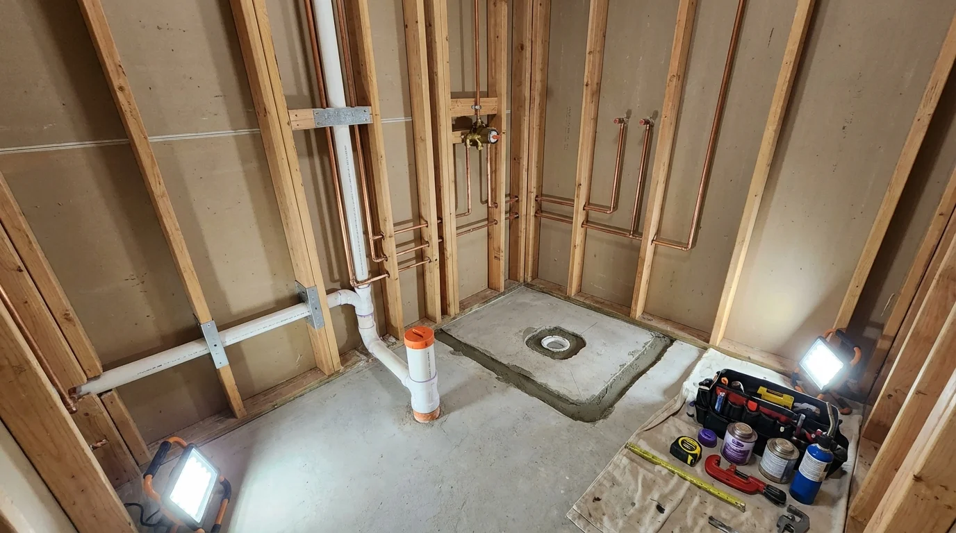 Bathroom rough-in plumbing during remodel by Johns Plumbing LLC in Noble