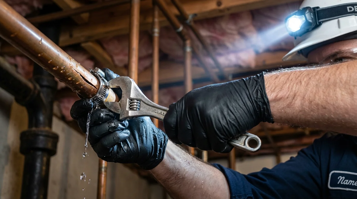 Emergency pipe clamp repair being performed by a Johns Plumbing LLC plumber in Noble