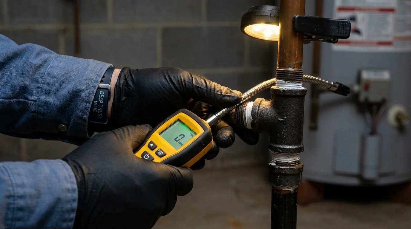 Gas leak detection with electronic sniffer by Johns Plumbing LLC in Noble