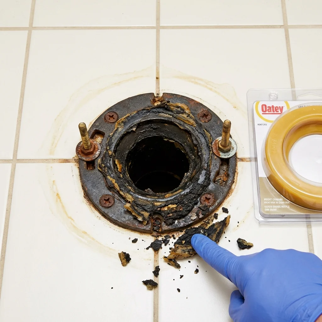 Failed wax ring showing water seepage at the base of a toilet in a Noble, OK home