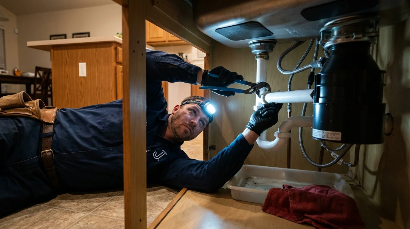 P-trap and supply line connections under a kitchen sink showing a common leak point in Noble, OK